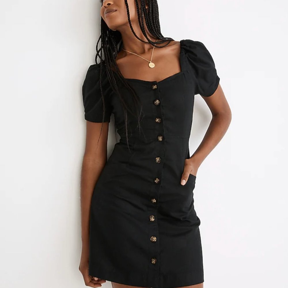 Madewell Black Linen-Cotton Puff-Sleeve Mini Dress